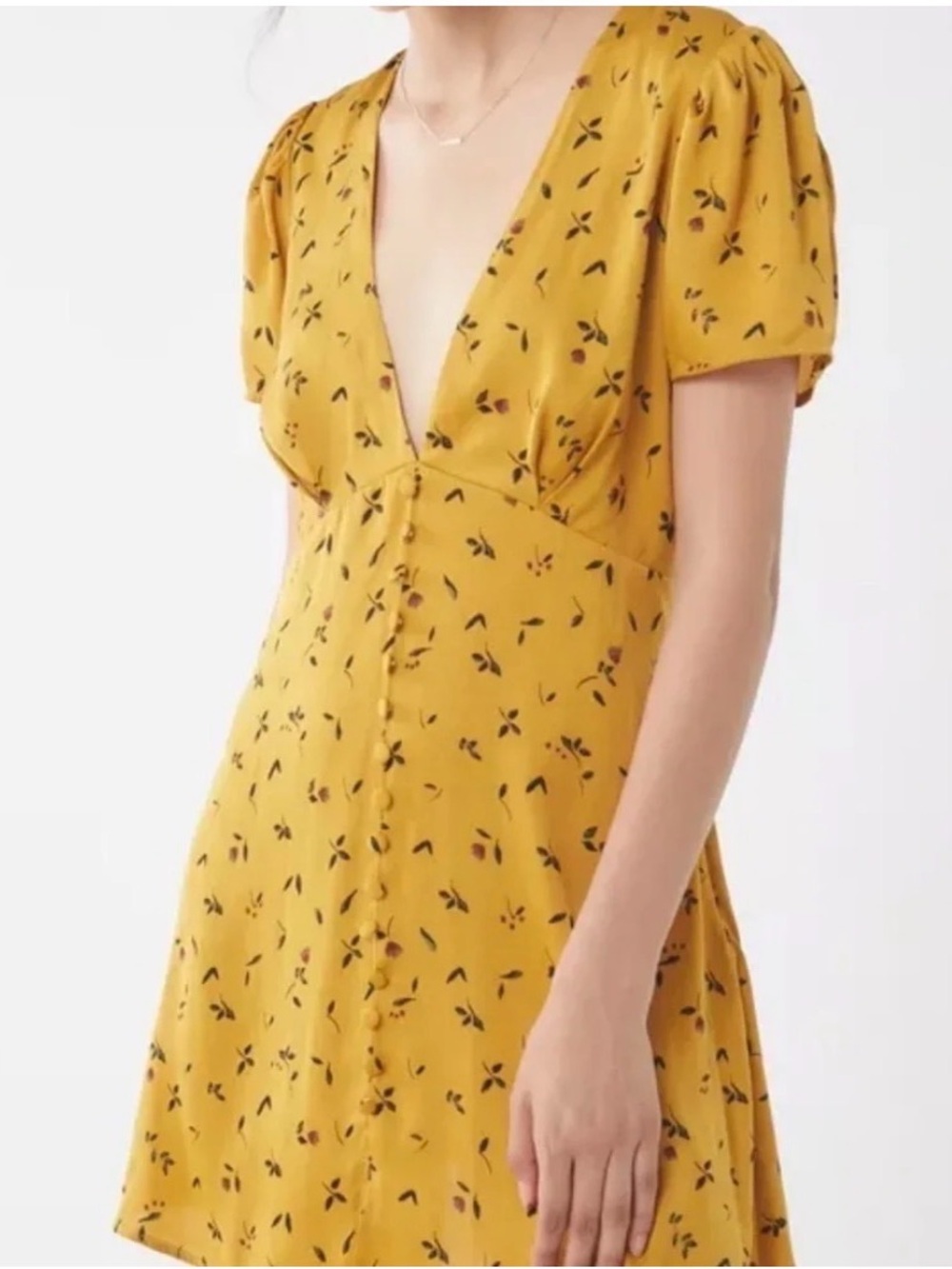 Urban Outfitters Mustard Floral V-Neck Mini Dress